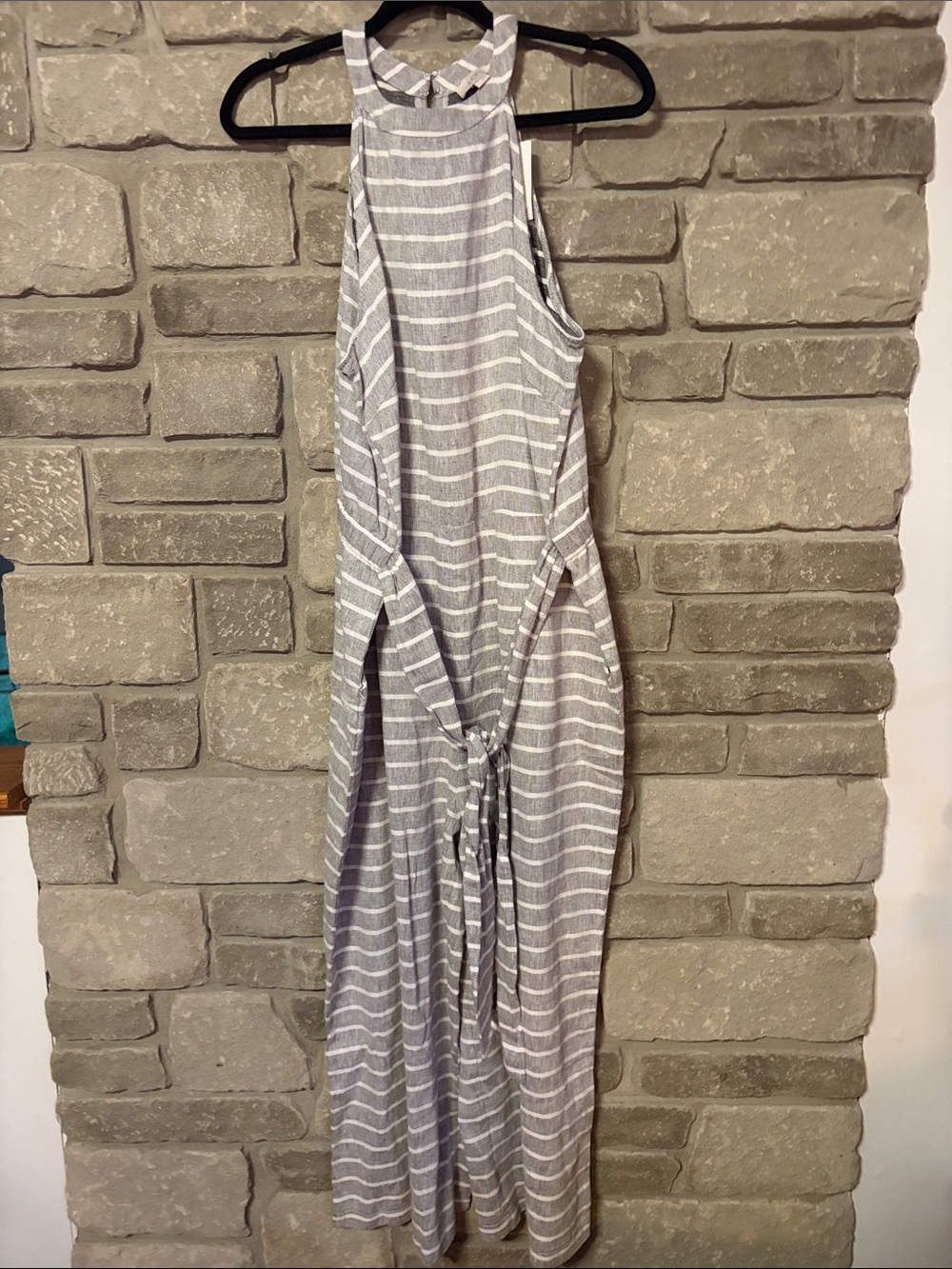 LOFT Gray & White Striped Wide Leg Jumpsuit Large NWT